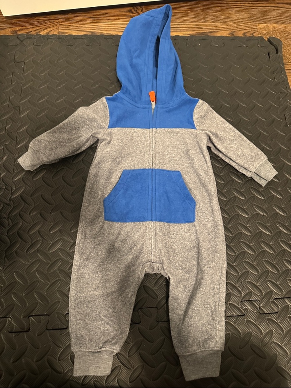 Carter's Grey and Blue Hooded Zip One-Piece Footie fleece